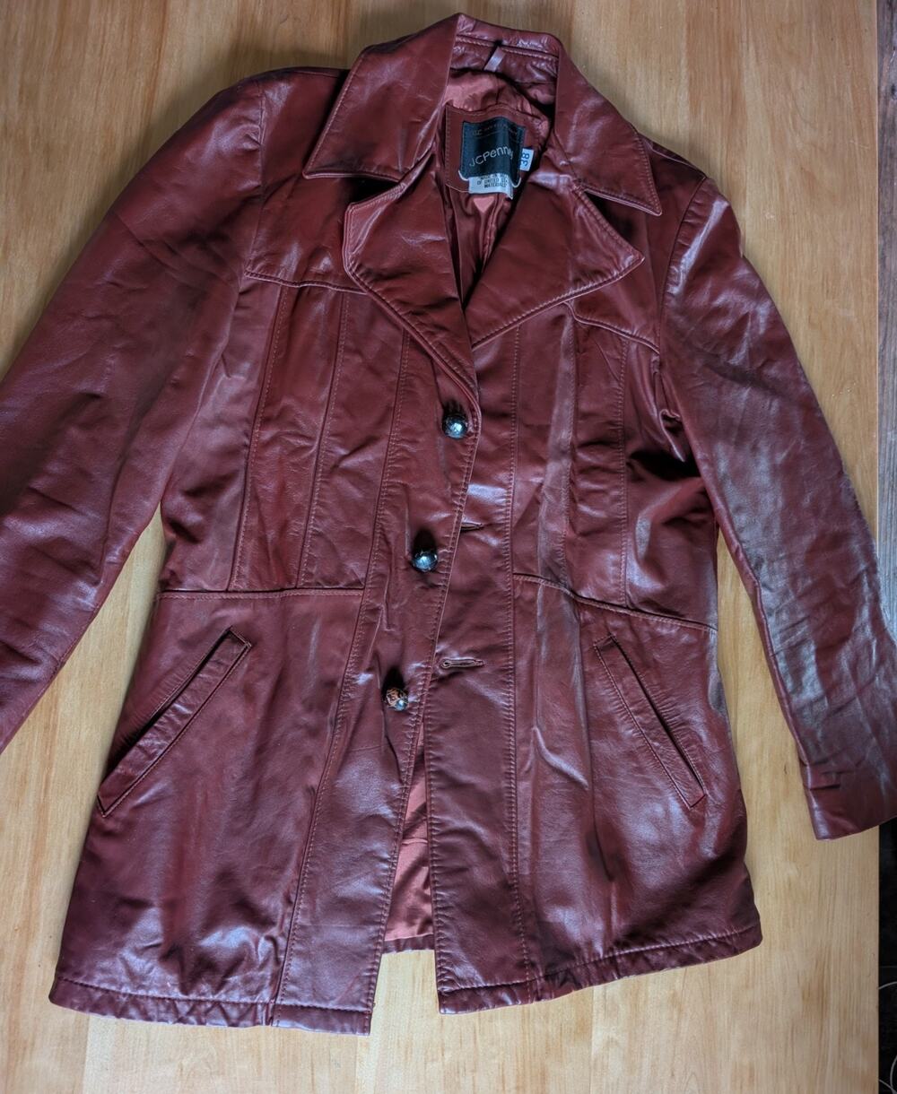 Vintage 70s JCPenney Oxblood Leather Jacket Wide Dagger Collar Retro Trench 38